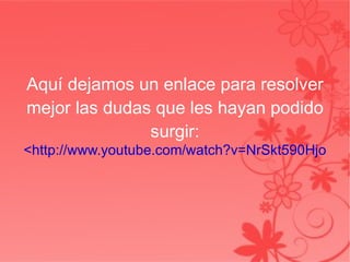 Aquí dejamos un enlace para resolver mejor las dudas que les hayan podido surgir: <http://www.youtube.com/watch?v=NrSkt590Hjo 
