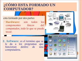¿CÓMO ESTA FORMADO UN COMPUTADOR?  2. Software:   es el termino que se le da a los programas que funcionan dentro de una computadora.    esta formado por dos partes Hardware:  son todos los componentes físicos del computador, todo lo que se puede tocar.   