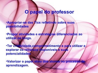 O papel do professor Apropriar-se das Tics refletindo sobre suas possibilidades Propor atividades e estratégias diferenciadas ao utilizar os blogs.  Ter criatividade,comprometimento e para utilizar e explorar os recursos disponíveis e suas potencialidades Valorizar o papel ativo dos alunos no processo de aprendizagem. 