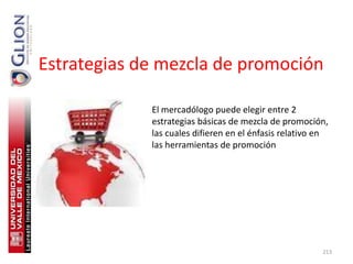 Estrategias de mezcla de promoción

             El mercadólogo puede elegir entre 2
             estrategias básicas de mezcla de promoción,
             las cuales difieren en el énfasis relativo en
             las herramientas de promoción




                                                        213
 