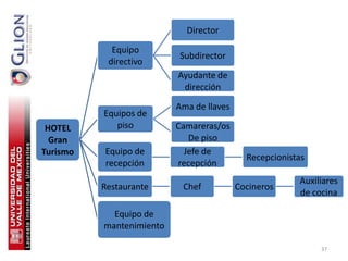 Director

            Equipo
                          Subdirector
           directivo
                          Ayudante de
                           dirección

                          Ama de llaves
          Equipos de
 HOTEL       piso         Camareras/os
  Gran                       De piso
Turismo   Equipo de         Jefe de
                                            Recepcionistas
          recepción       recepción
                                                        Auxiliares
          Restaurante      Chef           Cocineros
                                                        de cocina

            Equipo de
          mantenimiento

                                                             37
 