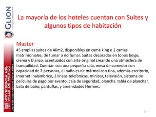 La mayoría de los hoteles cuentan con Suites y
         algunos tipos de habitación

Master
45 amplias suites de 40m2, disponibles en cama king o 2 camas
matrimoniales, de fumar o no fumar. Suites decoradas en tonos beige,
crema y blanco, acentuados con arte original creando una atmósfera de
tranquilidad. Cuentan con una pequeña sala, mesa de comedor con
capacidad de 2 personas, el baño es de mármol con tina, además escritorio,
Internet inalámbrico, 2 líneas telefónicas, minibar, televisión, sistema de
películas de pago por evento, caja de seguridad, plancha, tabla de planchar,
bata de baño, pantuflas, y amenidades Hermes.




                                                                         57
 
