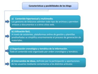 Características y posibilidades de los blogs




 a) Contenido hipertextual y multimedia.
 Los gestores de bitácoras admiten todo tipo de archivos y permiten
  enlaces a documentos o a otros sitios web.

 b) Utilización fácil,
 A través de asistentes, plataformas online de gestión y plantillas
 prediseñadas se simplifica enormemente el proceso de generación de
 materiales.


c) Organización cronológica y temática de la información.
Todo el contenido está organizado por orden cronológico y temático.


 d) Intercambio de ideas, definido por la participación y aportaciones
 de los usuarios mediante comentarios a los distintos artículos
 