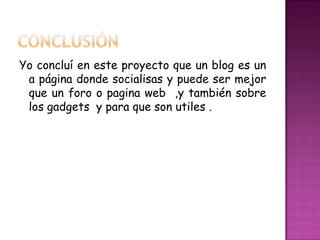 Yo concluí en este proyecto que un blog es un
 a página donde socialisas y puede ser mejor
 que un foro o pagina web ,y también sobre
 los gadgets y para que son utiles .
 