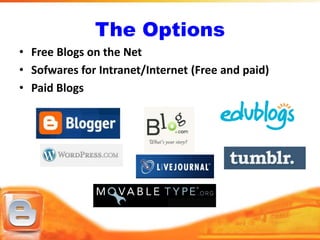 The Options
• Free Blogs on the Net
• Sofwares for Intranet/Internet (Free and paid)
• Paid Blogs
 