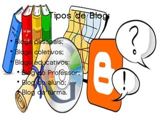 Tipos de Blog:


  Blogs pessoais;

  Blogs coletivos;

  Blogs educativos:
  
    Blog do Professor;
  
    Blog do aluno;
  
    Blog da turma.
 