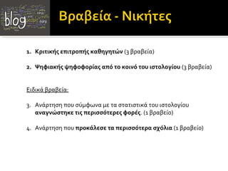 1. Κριτικής επιτροπής καθηγητών (3 βραβεία)

2. Ψηφιακής ψηφοφορίας από το κοινό του ιστολογίου (3 βραβεία)


Ειδικά βραβεία:

3. Ανάρτηση που σύμφωνα με τα στατιστικά του ιστολογίου
   αναγνώστηκε τις περισσότερες φορές. (1 βραβείο)

4. Ανάρτηση που προκάλεσε τα περισσότερα σχόλια (1 βραβείο)
 
