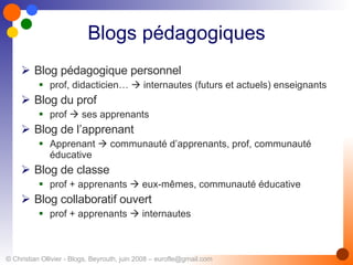 Blogs pédagogiques Blog pédagogique personnel prof, didacticien…    internautes (futurs et actuels) enseignants Blog du prof  prof    ses apprenants Blog de l’apprenant Apprenant    communauté d’apprenants, prof, communauté éducative Blog de classe prof + apprenants    eux-mêmes, communauté éducative Blog collaboratif ouvert prof + apprenants    internautes 