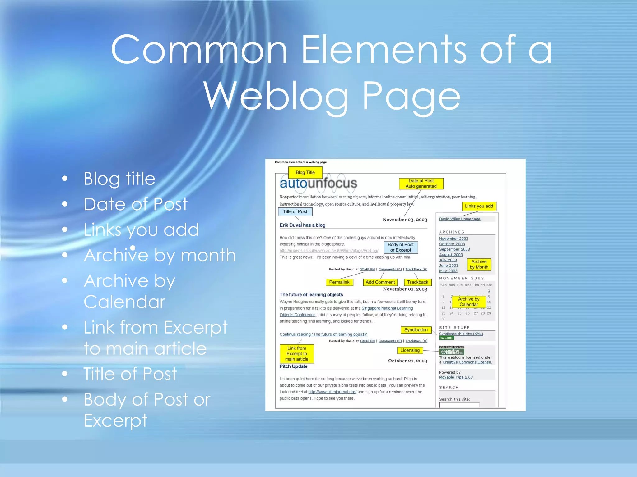 Common Elements of a Weblog Page Blog title Date of Post Links you add Archive by month Archive by Calendar Link from Excerpt to main article Title of Post Body of Post or Excerpt 