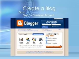 Create a Blog Go to  http://www.blogger.com/start Step 1 - Create an Account 