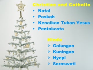 Christian and Catholic Natal Paskah Kenaikan Tuhan Yesus Pentakosta Hindu Galungan Kuningan Nyepi Saraswati 
