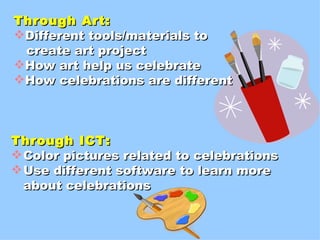 Through Art: Different tools/materials to  create art project How art help us celebrate How celebrations are different Through ICT: Color pictures related to celebrations Use different software to learn more  about celebrations 