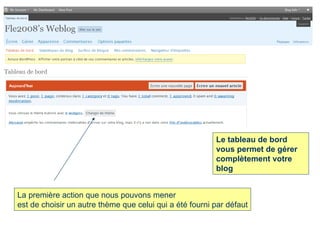 Le tableau de bord vous permet de gérer complètement votre blog La première action que nous pouvons mener est de choisir un autre thème que celui qui a été fourni par défaut 