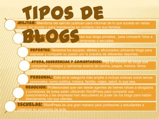 Tipos De
Militar: Miembros del ejército publican para informar de lo que sucede en varias



  Blogs
partes del mundo y para mantenerse en contacto con sus familias.

     Privado: Algunas personas hacen sus blogs privados,         para compartir fotos e
     información dentro de las familias, empresas o escuelas.

       Deportes: Tenemos los equipos, atletas y aficionados utilizando blogs para
       expresar y compartir su pasión por la práctica de diferentes deportes.

        Ayuda, sugerencias y comentarios: Hay un montón de blogs que
        comparten consejos y opiniones acerca de cocina, juegos, música, libros,
        películas, etc.

       Personal: Esta es la categoría más amplia e incluye enlaces sobre temas
       personales, como política, música, familia, viajes, salud, lo que sea.
     Negocios: Profesionales que van desde agentes de bienes raíces a abogados
     y corredores de bolsa están utilizando WordPress para compartir sus
     conocimientos y las empresas han descubierto el poder de los blogs para hablar
     directamente con sus clientes.
Escuelas: WordPress es una gran manera para profesores y estudiantes a
colaborar en proyectos de aula.
 