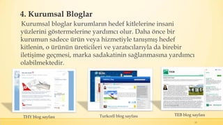 4. Kurumsal Bloglar
Kurumsal bloglar kurumların hedef kitlelerine insani
yüzlerini göstermelerine yardımcı olur. Daha önce bir
kurumun sadece ürün veya hizmetiyle tanışmış hedef
kitlenin, o ürünün üreticileri ve yaratıcılarıyla da birebir
iletişime geçmesi, marka sadakatinin sağlanmasına yardımcı
olabilmektedir.
13
THY blog sayfası Turkcell blog sayfası TEB blog sayfası
 