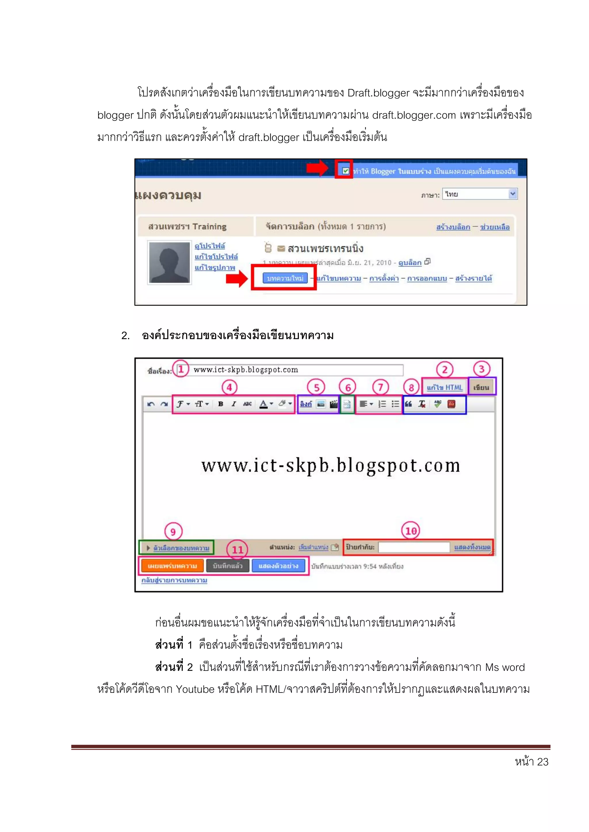 หน้า 23
โปรดสังเกตว่าเครื่องมือในการเขียนบทความของ Draft.blogger จะมีมากกว่าเครื่องมือของ
blogger ปกติ ดังนั้นโดยส่วนตัวผมแนะนาให้เขียนบทความผ่าน draft.blogger.com เพราะมีเครื่องมือ
มากกว่าวิธีแรก และควรตั้งค่าให้ draft.blogger เป็นเครื่องมือเริ่มต้น
2. องค์ประกอบของเครื่องมือเขียนบทความ
ก่อนอื่นผมขอแนะนาให้รู้จักเครื่องมือที่จาเป็นในการเขียนบทความดังนี้
ส่วนที่ 1 คือส่วนตั้งชื่อเรื่องหรือชื่อบทความ
ส่วนที่ 2 เป็นส่วนที่ใช้สาหรับกรณีที่เราต้องการวางข้อความที่คัดลอกมาจาก Ms word
หรือโค้ดวีดีโอจาก Youtube หรือโค้ด HTML/จาวาสคริปต์ที่ต้องการให้ปรากฏและแสดงผลในบทความ
 