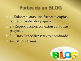  1.-Enlace: si atas una fuente o copias
contenidos de otra pagina.
 2.- Reproducción: conexión con otras
paginas.
 3.- Citas Específicas: texto nombrado.
 4.- Estilo: formas.
 
