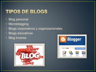 •
•
•
•
•

Blog personal
Microblogging
Blogs corporativos y organizacionales
Blogs educativos
Blog inversa

 
