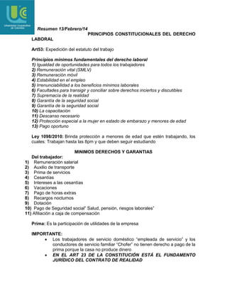 Resumen 13/Febrero/14
PRINCIPIOS CONSTITUCIONALES DEL DERECHO
LABORAL
Art53: Expedición del estatuto del trabajo
Principios mínimos fundamentales del derecho laboral
1) Igualdad de oportunidades para todos los trabajadores
2) Remuneración vital (SMLV)
3) Remuneración móvil
4) Estabilidad en el empleo
5) Irrenunciabilidad a los beneficios mínimos laborales
6) Facultades para transigir y conciliar sobre derechos inciertos y discutibles
7) Supremacía de la realidad
8) Garantía de la seguridad social
9) Garantía de la seguridad social
10) La capacitación
11) Descanso necesario
12) Protección especial a la mujer en estado de embarazo y menores de edad
13) Pago oportuno
Ley 1098/2010: Brinda protección a menores de edad que estén trabajando, los
cuales: Trabajan hasta las 8pm y que deben seguir estudiando
MINIMOS DERECHOS Y GARANTIAS
Del trabajador:
1) Remuneración salarial
2) Auxilio de transporte
3) Prima de servicios
4) Cesantías
5) Intereses a las cesantías
6) Vacaciones
7) Pago de horas extras
8) Recargos nocturnos
9) Dotación
10) Pago de Seguridad social” Salud, pensión, riesgos laborales”
11) Afiliación a caja de compensación
Prima: Es la participación de utilidades de la empresa
IMPORTANTE:
Los trabajadores de servicio doméstico “empleada de servicio” y los
conductores de servicio familiar “Chofer” no tienen derecho a pago de la
prima porque la casa no produce dinero
EN EL ART 23 DE LA CONSTITUCIÓN ESTÁ EL FUNDAMENTO
JURÍDICO DEL CONTRATO DE REALIDAD

 