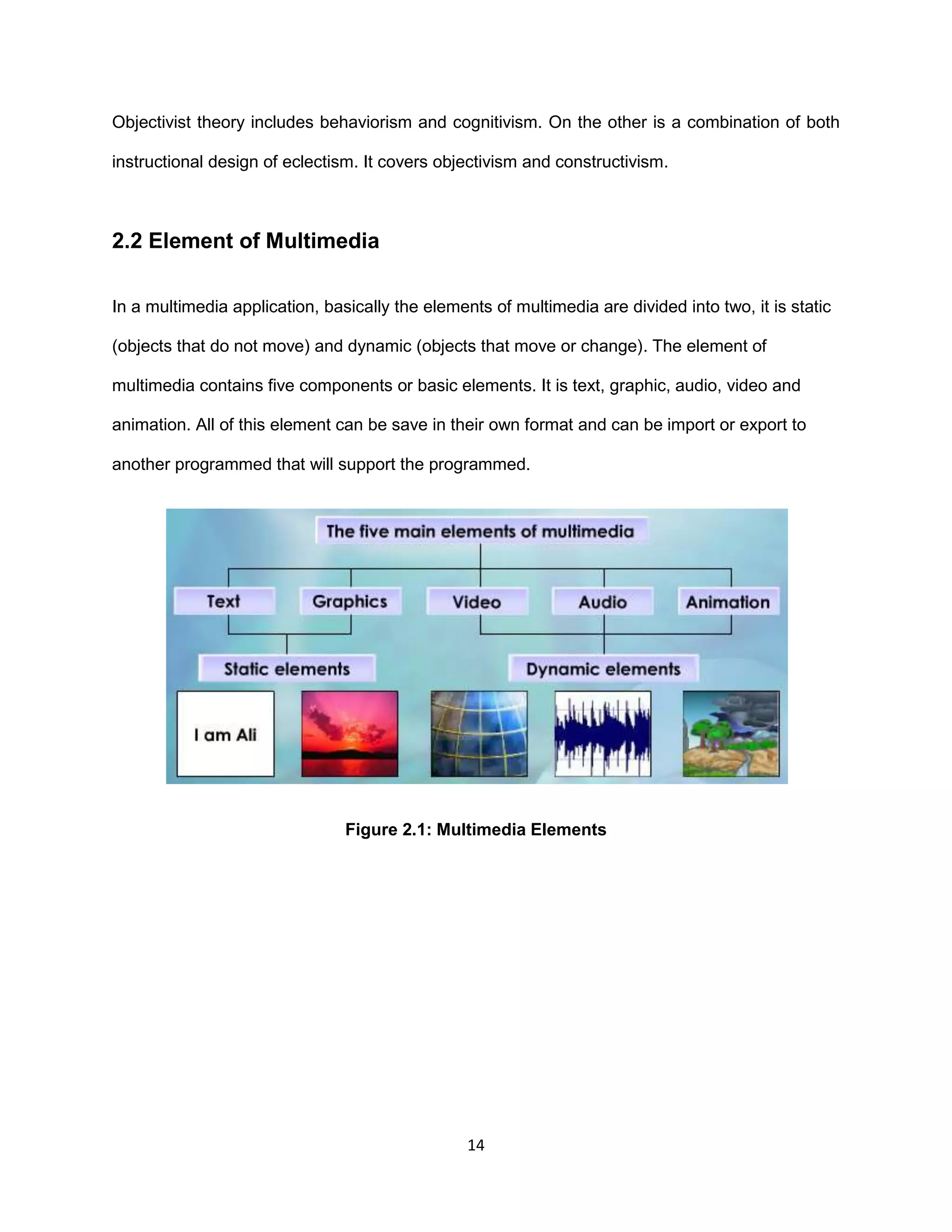 14
Objectivist theory includes behaviorism and cognitivism. On the other is a combination of both
instructional design of eclectism. It covers objectivism and constructivism.
2.2 Element of Multimedia
In a multimedia application, basically the elements of multimedia are divided into two, it is static
(objects that do not move) and dynamic (objects that move or change). The element of
multimedia contains five components or basic elements. It is text, graphic, audio, video and
animation. All of this element can be save in their own format and can be import or export to
another programmed that will support the programmed.
Figure 2.1: Multimedia Elements
 