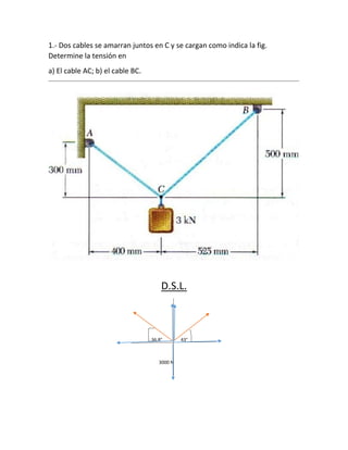 1.- Dos cables se amarran juntos en C y se cargan como indica la fig.
Determine la tensión en
a) El cable AC; b) el cable BC.
D.S.L.
36.8° 43°
3000 N
 