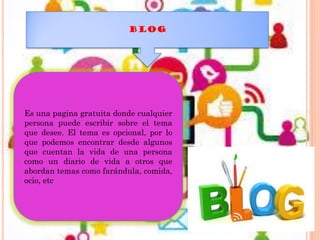 blog
Es una pagina gratuita donde cualquier
persona puede escribir sobre el tema
que desee. El tema es opcional, por lo
que podemos encontrar desde algunos
que cuentan la vida de una persona
como un diario de vida a otros que
abordan temas como farándula, comida,
ocio, etc
 