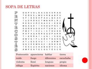 SOPA DE LETRAS 
Pentecostés aparecieron hablar tierra 
ruido fuego diferentes escuchaba 
violenta llenó lenguas propio 
ráfaga Espíritu naciones idioma 
 