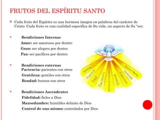FRUTOS DEL ESPÍRITU SANTO 
 Cada fruto del Espíritu es una hermosa imagen en palabras del carácter de 
Cristo. Cada fruto es una cualidad específica de Su vida, un aspecto de Su "ser. 
 Bendiciones Internas 
Amor: ser amorosos por dentro 
Gozo: ser alegres por dentro 
Paz: ser pacíficos por dentro 
 Bendiciones externas 
Paciencia: pacientes con otros 
Gentileza: gentiles con otros 
Bondad: buenos con otros 
 Bendiciones Ascendentes 
Fidelidad: fieles a Dios 
Mansedumbre: humildes delante de Dios 
Control de uno mismo: controlados por Dios 
 