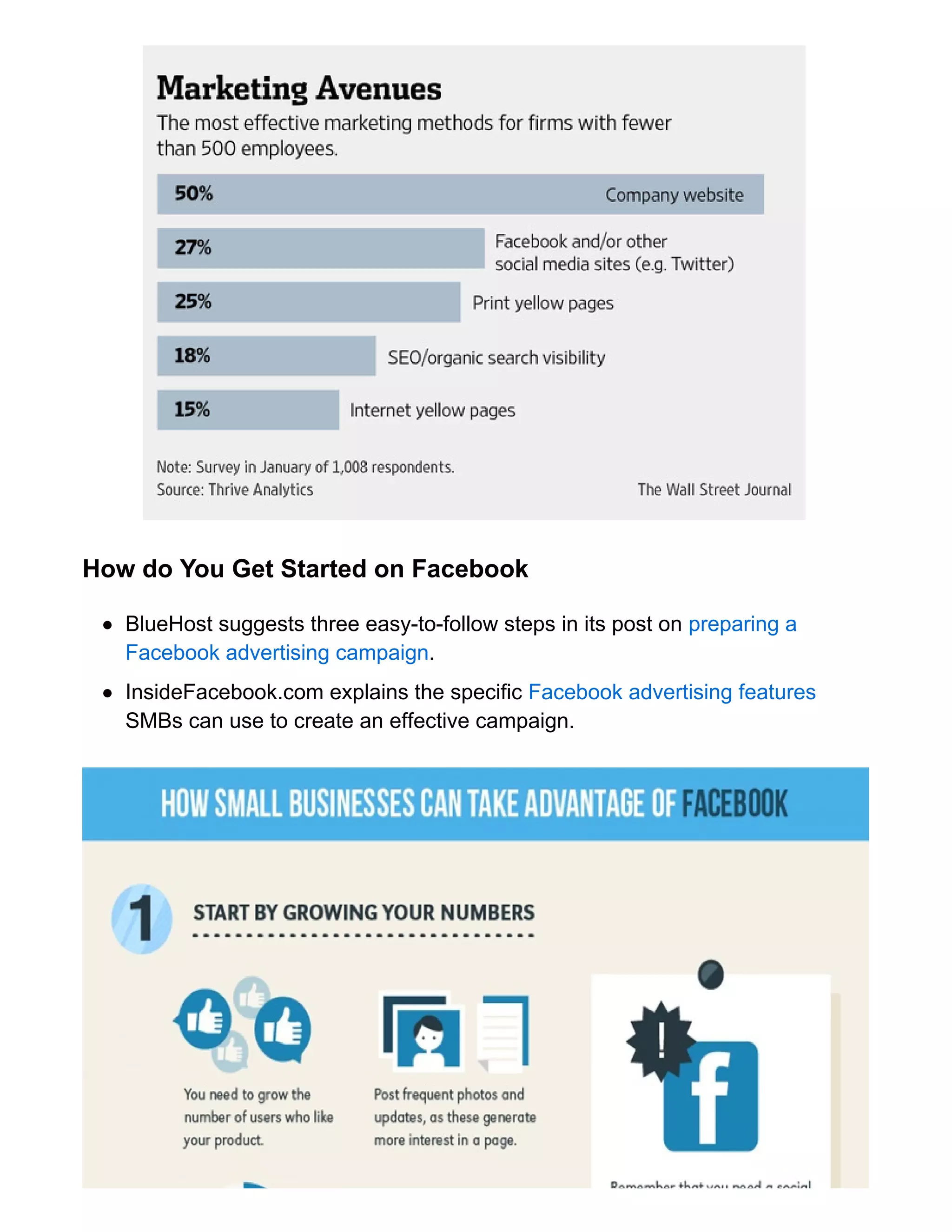 How do You Get Started on Facebook
BlueHost suggests three easy-to-follow steps in its post on preparing a
Facebook advertising campaign.
InsideFacebook.com explains the specific Facebook advertising features
SMBs can use to create an effective campaign.
 