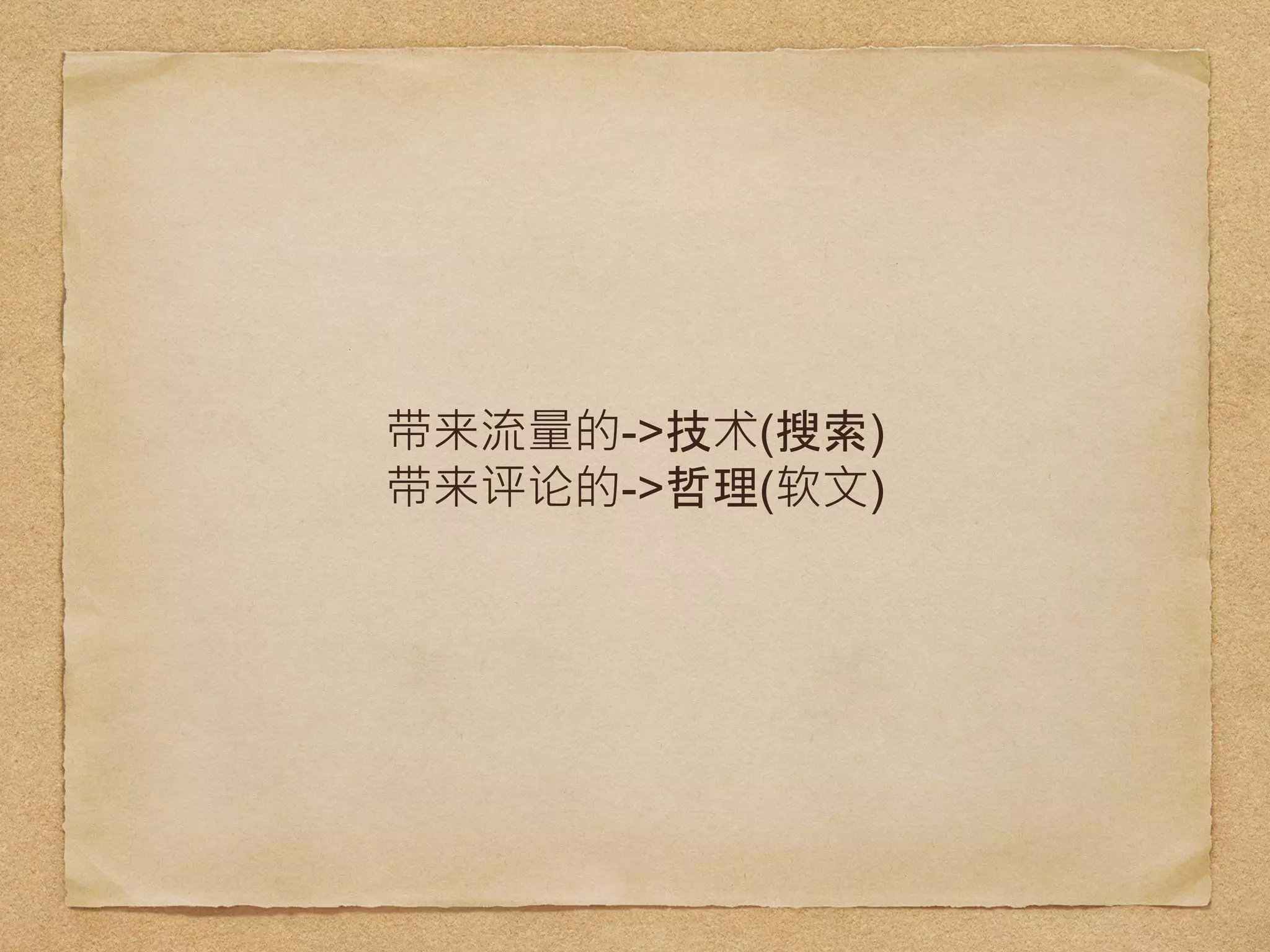 带来流量的->技术(搜索)
带来评论的->哲理(软文)
 