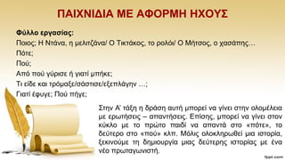 ΠΑΗΥΝΗΓΗΑ ΜΔ ΑΦΟΡΜΖ ΖΥΟΤ΢
Φύιιν εξγαζίαο:
Πνηνο; H Νηάλα, ε κειηηδάλα/ Ο Σηθηάθνο, ην ξνιφη/ Ο Μήηζνο, ν ραζάπεο…
Πφηε;
Πνχ;
Απφ πνχ γχξηζε ή γηαηί κπήθε;
Ση είδε θαη ηξφκαμε/ζάζηηζε/εμεπιάγελ …;
Γηαηί έθπγε; Πνχ πήγε;
΢ηελ Α‟ ηάμε ε δξάζε απηή κπνξεί λα γίλεη ζηελ νινκέιεηα
κε εξσηήζεηο – απαληήζεηο. Δπίζεο, κπνξεί λα γίλεη ζηνλ
θχθιν κε ην πξψην παηδί λα απαληά ζην «πφηε», ην
δεχηεξν ζην «πνχ» θιπ. Μφιηο νινθιεξσζεί κηα ηζηνξία,
μεθηλνχκε ηε δεκηνπξγία κηαο δεχηεξεο ηζηνξίαο κε έλα
λέν πξσηαγσληζηή.
 