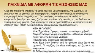 ΠΑΗΥΝΗΓΗΑ ΜΔ ΑΦΟΡΜΖ ΣΗ΢ ΑΗ΢ΘΖ΢ΔΗ΢ ΜΑ΢
Λέκε ζηα παηδηά λα θιείζνπλ ηα κάηηα ηνπο θαη λα ςειαθίζνπλ, λα κπξίζνπλ, λα
αθνχζνπλ θαη λα γεπηνχλ (αλ πξνζθέξεηαη), λνεξά ή ζηελ πξάμε, ην αγαπεκέλν
ηνπο θαγεηφ, δψν, παηρλίδη, θιπ.. ΢ηε ζπλέρεηα, ηνπνζεηνχκε ηα παηδηά ζε
«ηαηξηαζηά» δεπγάξηα θαη ηνπο δεηάκε ζηα πιαίζηα ελφο debate, λα ππνδπζνχλ ην
αγαπεκέλν ηνπο θαγεηφ, δψν, αληηθείκελν θαη λα πξνζπαζήζνπλ λα πείζνπλ γηα ηελ
ππεξνρή ηνπο (βάζε ησλ αηζζήζεσλ θαη φρη άιισλ ραξαθηεξηζηηθψλ).
ΚΔΗΚ Ή ΠΑΓΧΣΟ
Κέηθ: Έρσ ηέηνην άξσκα, πνπ φιν ην ζπίηη κνζρνβνιά.
Παγσηφ: Μπνξεί λα κε κνζρνβνιάσ, αιιά είκαη λφζηηκν.
Κέηθ: Γηαηί, εγψ δελ είκαη λφζηηκν;
Παγσηφ: Δγψ είκαη φκσο θαη δξνζεξφ.
Κέηθ: Δγψ φηαλ βγαίλσ απφ ην θνχξλν είκαη δεζηφ θαη
αρληζηφ. Ση λνκίδεηο φηη είλαη θαιχηεξν, ην δεζηφ ή ην
παγσκέλν;…
Oη δηάινγνη ερνγξαθνχληαη θαη απνκαγλεηνθσλνχληαη..
 