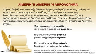 ΛΗΜΔΡΗΚ Ή ΛΗΜΔΡΗΚΗ Ή ΛΖΡΟΛΟΓΖΜΑ
Αξρηθά, δηαβάδνπκε ζηελ ηάμε δηάθνξα ιίκεξηθο θαη δεηνχκε απφ ηνπο καζεηέο λα
εληνπίζνπλ ηα ραξαθηεξηζηηθά ηνπ είδνπο. ΢ηε ζπλέρεηα θαη γηα λα ηνπο
δηεπθνιχλνπκε, ηνπο δίλνπκε δεπγάξηα άζρεησλ νκνηνθαηάιεθησλ ιέμεσλ ή
γξάθνπκε ζηνλ πίλαθα ηα δεπγάξηα πνπ ζα βξνπλ κφλα ηνπο. Σα δεπγάξηα απηά ζα
ρξεζηκνπνηεζνχλ γηα ην ζρεκαηηζκφ ηεο νκνηνθαηαιεμίαο ηνπ πξψηνπ θαη δεχηεξνπ
ζηίρνπ.
Μηα πνιχρξσκε πεηαινύδα
θάλεη βφιηα πάλσ ζε κηα θινύδα…
Σν κεγάιν θαη ρνληξφ ραξηόλη
θνξάεη ζηε κέζε έλα θνξδόλη…
Έλα παηδί απφ ηε Θεζζαινλίθε
Σνπ άξεζε λα παίδεη κε έλα θύθη…
Μπνξείηε λα αλαδεηήζεηε ιέμεηο πνπ νκνηνθαηαιεθηνχλ ζην αληίζηξνθν ιεμηθφ
http://www.greek-language.gr/greekLang/modern_greek/tools/lexica/reverse/
 