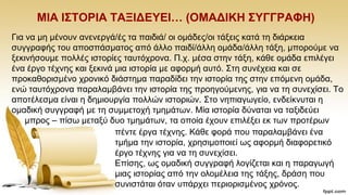 ΜΗΑ Η΢ΣΟΡΗΑ ΣΑΞΗΓΔΤΔΗ… (ΟΜΑΓΗΚΖ ΢ΤΓΓΡΑΦΖ)
Γηα λα κε κέλνπλ αλελεξγά/έο ηα παηδηά/ νη νκάδεο/νη ηάμεηο θαηά ηε δηάξθεηα
ζπγγξαθήο ηνπ απνζπάζκαηνο απφ άιιν παηδί/άιιε νκάδα/άιιε ηάμε, κπνξνχκε λα
μεθηλήζνπκε πνιιέο ηζηνξίεο ηαπηφρξνλα. Π.ρ. κέζα ζηελ ηάμε, θάζε νκάδα επηιέγεη
έλα έξγν ηέρλεο θαη μεθηλά κηα ηζηνξία κε αθνξκή απηφ. ΢ηε ζπλέρεηα θαη ζε
πξνθαζνξηζκέλν ρξνληθφ δηάζηεκα παξαδίδεη ηελ ηζηνξία ηεο ζηελ επφκελε νκάδα,
ελψ ηαπηφρξνλα παξαιακβάλεη ηελ ηζηνξία ηεο πξνεγνχκελεο, γηα λα ηε ζπλερίζεη. Σν
απνηέιεζκα είλαη ε δεκηνπξγία πνιιψλ ηζηνξηψλ. ΢ην λεπηαγσγείν, ελδείθλπηαη ε
νκαδηθή ζπγγξαθή κε ηε ζπκκεηνρή ηκεκάησλ. Μία ηζηνξία δχλαηαη λα ηαμηδεχεη
κπξνο – πίζσ κεηαμχ δπν ηκεκάησλ, ηα νπνία έρνπλ επηιέμεη εθ ησλ πξνηέξσλ
πέληε έξγα ηέρλεο. Κάζε θνξά πνπ παξαιακβάλεη έλα
ηκήκα ηελ ηζηνξία, ρξεζηκνπνηεί σο αθνξκή δηαθνξεηηθφ
έξγν ηέρλεο γηα λα ηε ζπλερίζεη.
Δπίζεο, σο νκαδηθή ζπγγξαθή ινγίδεηαη θαη ε παξαγσγή
κηαο ηζηνξίαο απφ ηελ νινκέιεηα ηεο ηάμεο, δξάζε πνπ
ζπληζηάηαη φηαλ ππάξρεη πεξηνξηζκέλνο ρξφλνο.
 