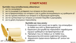 ΢ΤΝΔΡΓΑ΢ΗΔ΢
Δκπιέμηε ηνπο εθπαηδεπηηθνύο εηδηθνηήησλ:
1. γηα ηελ εηθνγξάθεζε
2. γηα ηε ζπγγξαθή ή κεηάθξαζε ησλ ηζηνξηψλ ζε μέλε γιψζζα
3. γηα ηε δξακαηνπνίεζε ησλ ηζηνξηψλ ή γηα ηε ρξήζε απηνζρεδηαζκψλ σο εξεζίζκαηα ΓΓ
4. γηα ηελ ερεηηθή επέλδπζε ησλ ηζηνξηψλ ή ηε δεκηνπξγία ερντζηνξίαο
5. γηα ηνλ εκπινπηηζκφ ησλ ηζηνξηψλ κε θηλεηηθά παηρλίδηα ή ρνξνγξαθίεο
6. γηα ηε ρξήζε ινγηζκηθψλ παξνπζίαζεο
Δκπιέμηε θαη ηνπο γνλείο:
1. Δλεκεξψζηε ηνπο γνλείο γηα ηα νθέιε, πνπ απνθνκίδνπλ
ηα παηδηά ηνπο απφ ηηο δξαζηεξηφηεηεο ΓΓ.
2. Οξγαλψζηε κηα εκεξίδα θαη παξνπζηάζηε παξαδείγκαηα
ηζρπξψλ εξεζηζκάησλ θαη δξαζηεξηνηήησλ ΓΓ.
3. Πξνηξέςηε ηνπο λα παίμνπλ κε ηα παηδηά ηνπο,
δεκηνπξγψληαο απφ θνηλνχ επθάληαζηεο ηζηνξίεο.
4. Γηνξγαλψζηε εκέξα θνηλψλ δξάζεσλ ΓΓ γνλέσλ θαη
καζεηψλ.
 