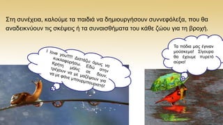 ΢ηε ζπλέρεηα, θαινχκε ηα παηδηά λα δεκηνπξγήζνπλ ζπλλεθφιεμα, πνπ ζα
αλαδεηθλχνπλ ηηο ζθέςεηο ή ηα ζπλαηζζήκαηα ηνπ θάζε δψνπ γηα ηε βξνρή.
Σα πφδηα καο έγηλαλ
κνχζθεκα! ΢ίγνπξα
ζα έρνπκε ππξεηφ
αχξην!
 