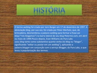 O termo weblog foi criado por Jorn Barger em 17 de dezembro de 1997. A
abreviação blog, por sua vez, foi criada por Peter Merholz, que, de
brincadeira, desmembrou a palavra weblog para formar a frase we
blog ("nós blogamos") na barra lateral de seu blog Peterme.com, em abril
ou maio de 1999.Pouco depois, Evan Williams do Pyra Labs
usou blog tanto como substantivo quanto verbo (to blog ou "blogar",
significando "editar ou postar em um weblog"), aplicando a
palavra blogger em conjunção com o serviço Blogger, da Pyra Labs, o que
levou à popularização dos termos.
 