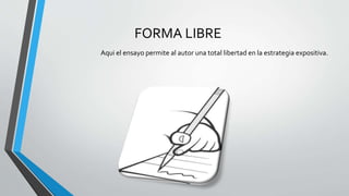 FORMA LIBRE
Aqui el ensayo permite al autor una total libertad en la estrategia expositiva.
 