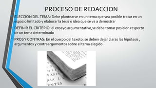 PROCESO DE REDACCION
• ELECCION DELTEMA: Debe plantearse en un tema que sea posible tratar en un
espacio limitado y elaborar la tesis o idea que se va a demostrar
• DEFINIR EL CRITERIO: el ensayo argumentativo,se debe tomar posicion respecto
de un tema determinado
• PROSY CONTRAS: En el cuerpo del texoto, se deben dejar claras las hipotesis ,
argumentos y contraargumentos sobre el tema elegido
 