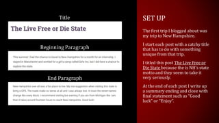 SET UP
The first trip I blogged about was
my trip to New Hampshire.
I start each post with a catchy title
that has to do with something
unique from that trip.
I titled this post The Live Free or
Die State because the is NH’s state
motto and they seem to take it
very seriously.
At the end of each post I write up
a summary ending and close with
final statement such as “Good
luck” or “Enjoy”.
End Paragraph
Beginning Paragraph
Title
 