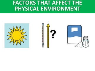 FACTORS THAT AFFECT THE
PHYSICAL ENVIRONMENT
 