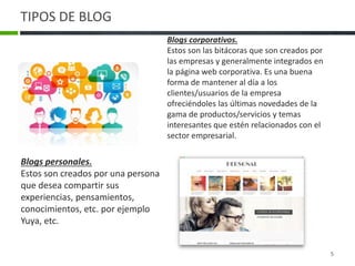 Blogs personales.
Estos son creados por una persona
que desea compartir sus
experiencias, pensamientos,
conocimientos, etc. por ejemplo
Yuya, etc.
Blogs corporativos.
Estos son las bitácoras que son creados por
las empresas y generalmente integrados en
la página web corporativa. Es una buena
forma de mantener al día a los
clientes/usuarios de la empresa
ofreciéndoles las últimas novedades de la
gama de productos/servicios y temas
interesantes que estén relacionados con el
sector empresarial.
TIPOS DE BLOG
5
 