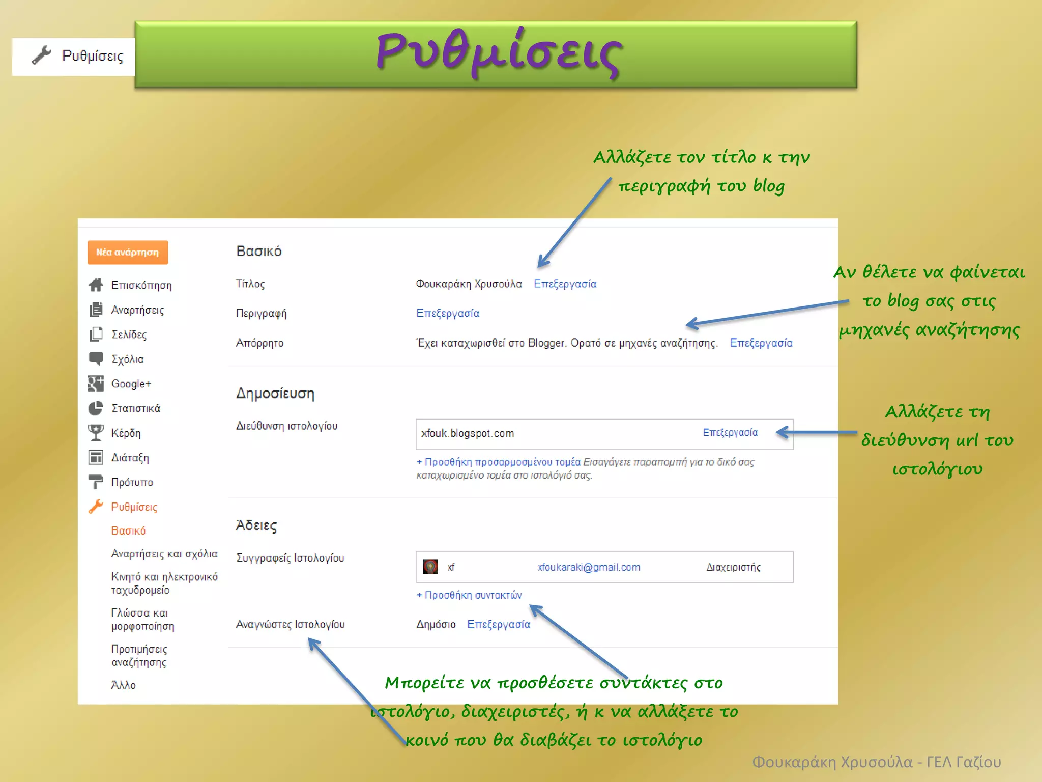 Ρυθμίσεις
Μπορείτε να προσθέσετε συντάκτες στο
ιστολόγιο, διαχειριστές, ή κ να αλλάξετε το
κοινό που θα διαβάζει το ιστολόγιο
Αλλάζετε τη
διεύθυνση url του
ιστολόγιου
Αν θέλετε να φαίνεται
το blog σας στις
μηχανές αναζήτησης
Αλλάζετε τον τίτλο κ την
περιγραφή του blog
Φουκαράκη Χρυσούλα - ΓΕΛ Γαζίου
 