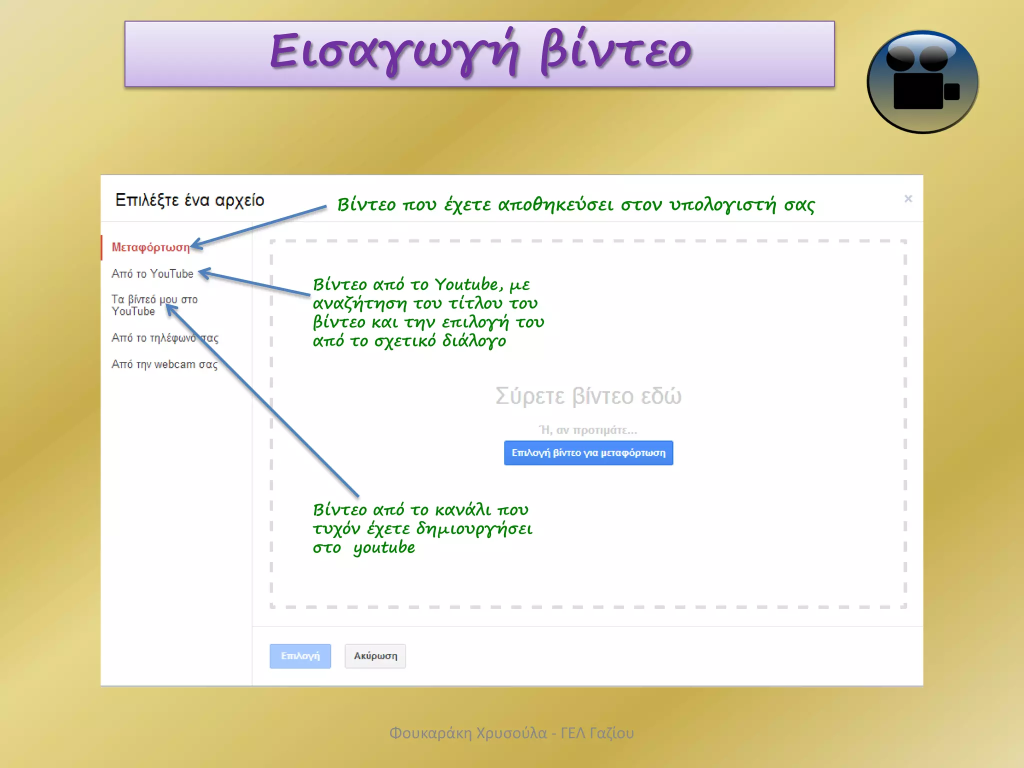 Εισαγωγή βίντεο
Βίντεο που έχετε αποθηκεύσει στον υπολογιστή σας
Βίντεο από το Youtube, με
αναζήτηση του τίτλου του
βίντεο και την επιλογή του
από το σχετικό διάλογο
Βίντεο από το κανάλι που
τυχόν έχετε δημιουργήσει
στο youtube
Φουκαράκη Χρυσούλα - ΓΕΛ Γαζίου
 