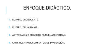 ENFOQUE DIDÁCTICO.
1. EL PAPEL DEL DOCENTE.
2. EL PAPEL DEL ALUMNO.
3. ACTIVIDADES Y RECURSOS PARA EL APRENDIZAJE.
4. CRITERIOS Y PROCEDIMIENTOS DE EVALUACIÓN.
 