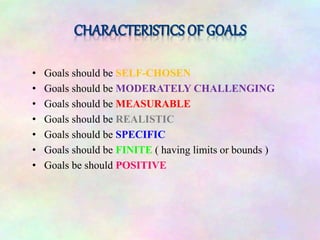• Goals should be SELF-CHOSEN
• Goals should be MODERATELY CHALLENGING
• Goals should be MEASURABLE
• Goals should be REALISTIC
• Goals should be SPECIFIC
• Goals should be FINITE ( having limits or bounds )
• Goals be should POSITIVE
 
