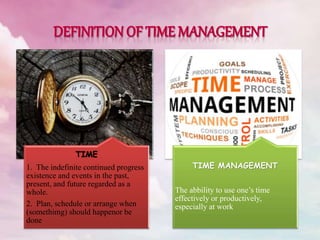 TIME
1. The indefinite continued progress
existence and events in the past,
present, and future regarded as a
whole.
2. Plan, schedule or arrange when
(somethimg) should happenor be
done
TIME MANAGEMENT
The abbility to use one’s time
effectively or productively,
especially at work
 