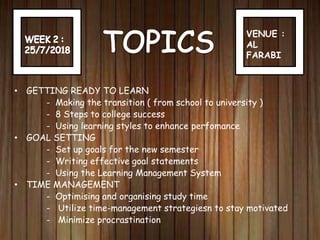 VENUE :
AL
FARABI
• GETTING READY TO LEARN
- Making the transition ( from school to university )
- 8 Steps to college success
- Using learning styles to enhance perfomance
• GOAL SETTING
- Set up goals for the new semester
- Writing effective goal statements
- Using the Learning Management System
• TIME MANAGEMENT
- Optimising and organising study time
- Utilize time-management strategiesn to stay motivated
- Minimize procrastination
 