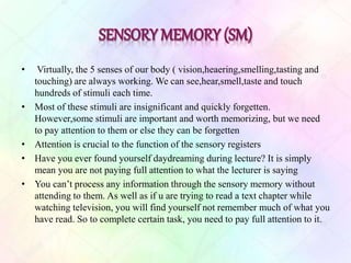 • Virtually, the 5 senses of our body ( vision,heaering,smelling,tasting and
touching) are always working. We can see,hear,smell,taste and touch
hundreds of stimuli each time.
• Most of these stimuli are insignificant and quickly forgetten.
However,some stimuli are important and worth memorizing, but we need
to pay attention to them or else they can be forgetten
• Attention is crucial to the function of the sensory registers
• Have you ever found yourself daydreaming during lecture? It is simply
mean you are not paying full attention to what the lecturer is saying
• You can’t process any information through the sensory memory without
attending to them. As well as if u are trying to read a text chapter while
watching television, you will find yourself not remember much of what you
have read. So to complete certain task, you need to pay full attention to it.
 