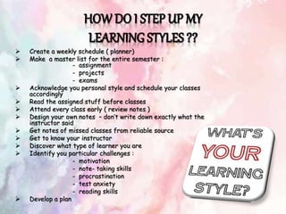  Create a weekly schedule ( planner)
 Make a master list for the entire semester :
- assignment
- projects
- exams
 Acknowledge you personal style and schedule your classes
accordingly
 Read the assigned stuff before classes
 Attend every class early ( review notes )
 Design your own notes – don’t write down exactly what the
instructor said
 Get notes of missed classes from reliable source
 Get to know your instructor
 Discover what type of learner you are
 Identify you particular challenges :
- motivation
- note- taking skills
- procrastination
- test anxiety
- reading skills
 Develop a plan
 